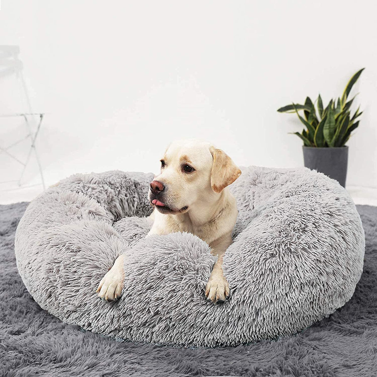 Calming Donut Cuddler Dog Bed, round Fluffy Pet Bed for Large Dogs,Washable, Large, Gray, 30''