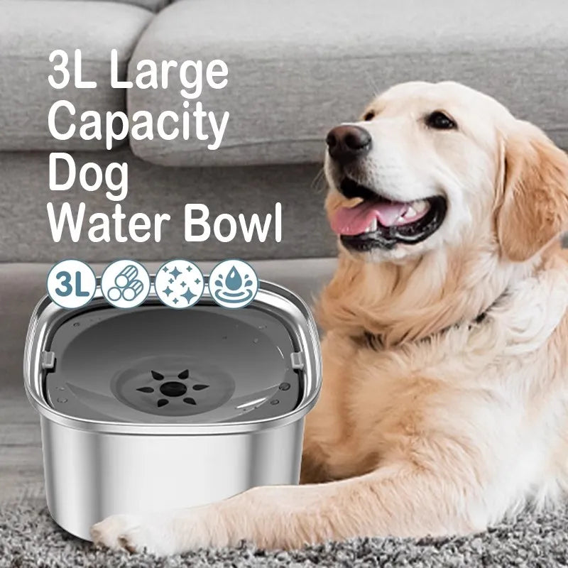 Stainless Steel Splash-Free Pet Water Bowl, Large Capacity 3L