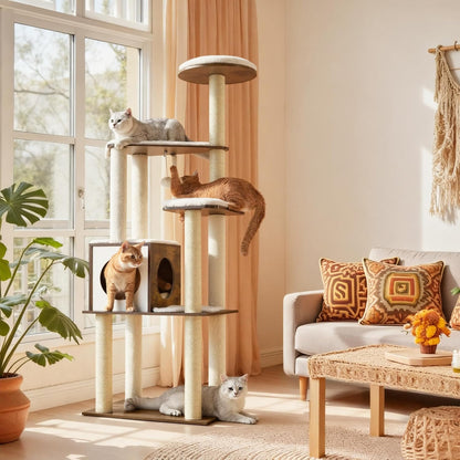 Multi-Level Sisal Cat Tree with Cave and Washable Cushions
