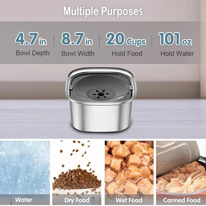 Stainless Steel Splash-Free Pet Water Bowl, Large Capacity 3L