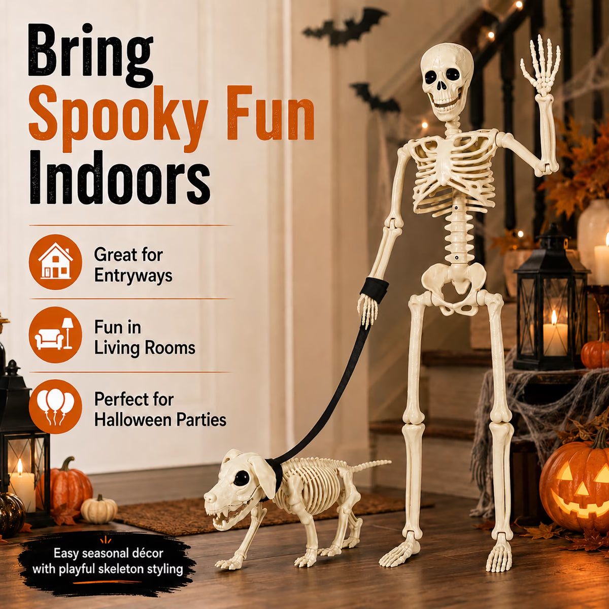 Halloween Outdoor Skeleton with Dog on a Leash (3FT)