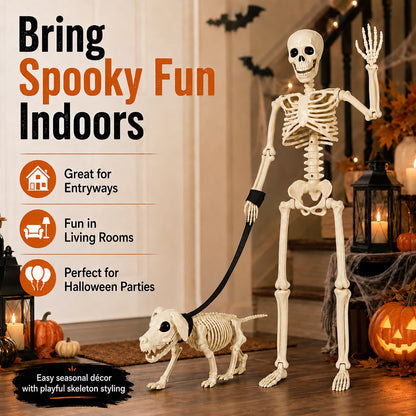 Halloween Outdoor Skeleton with Dog on a Leash (3FT)