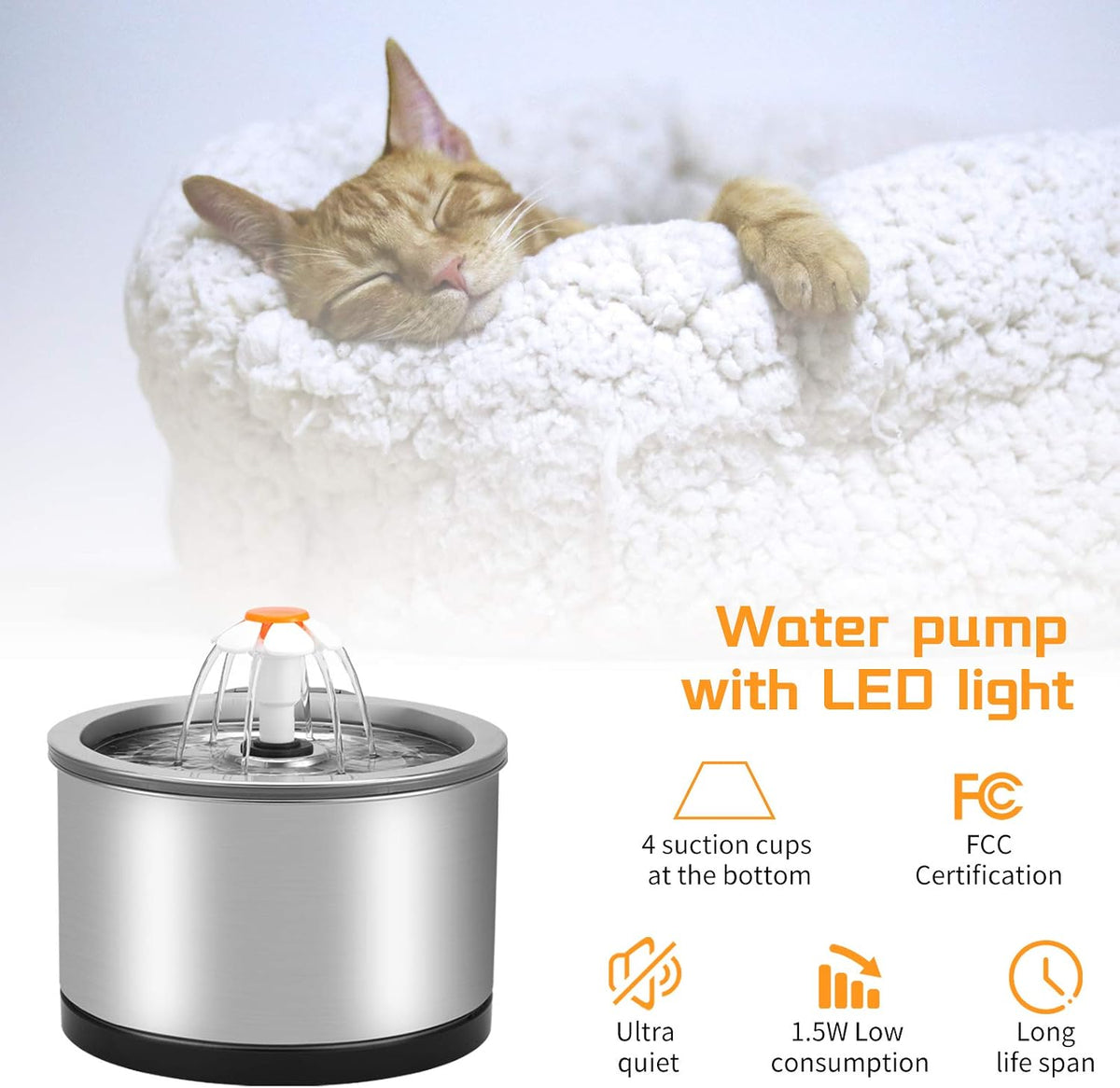 Stainless Steel Pet Water Fountain, 2.5L/84 Oz