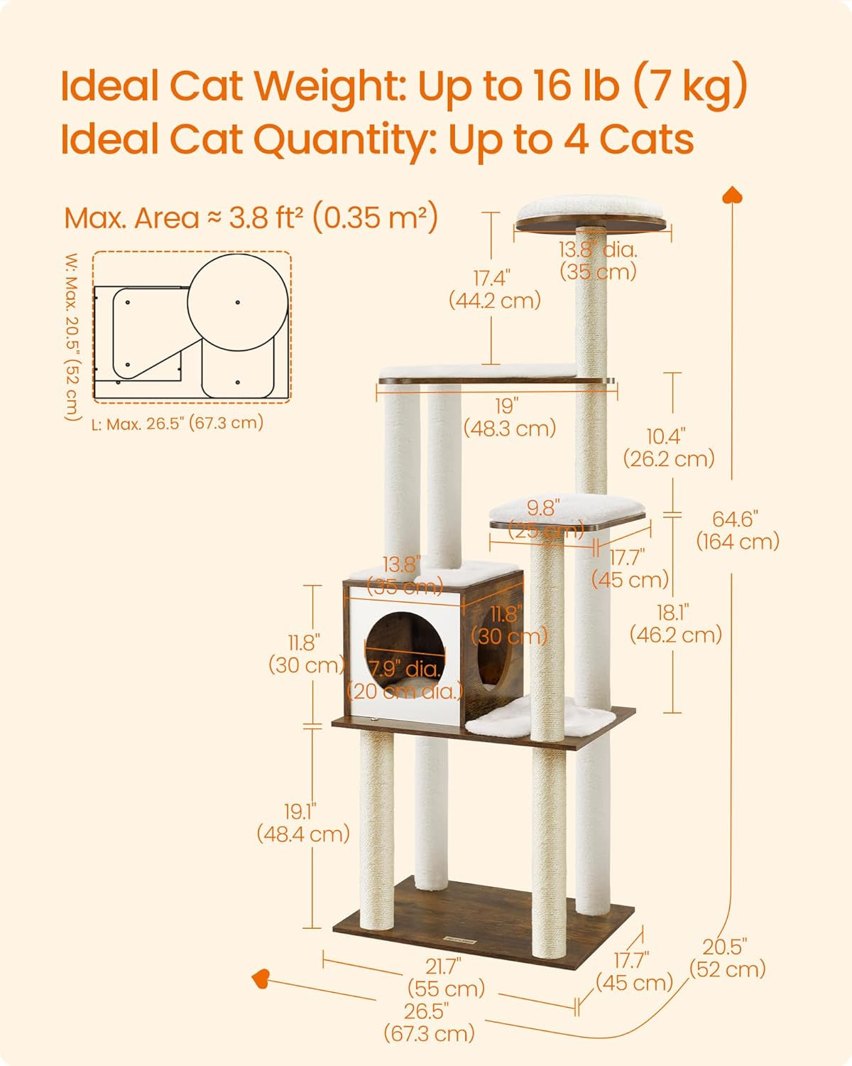 Multi-Level Sisal Cat Tree with Cave and Washable Cushions