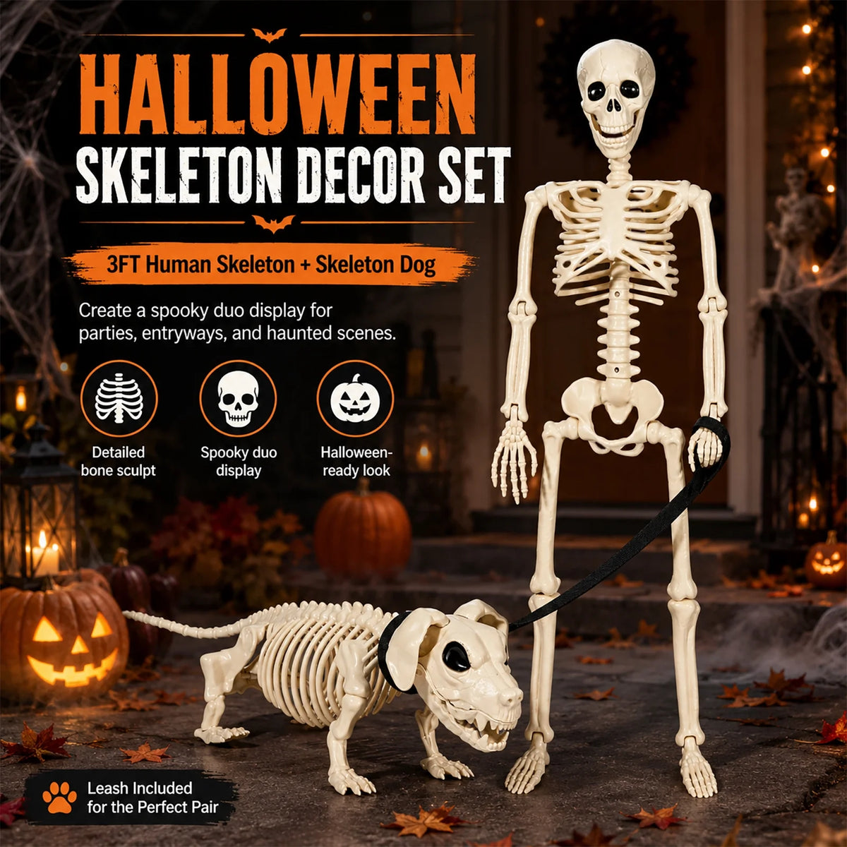 Halloween Outdoor Skeleton with Dog on a Leash (3FT)