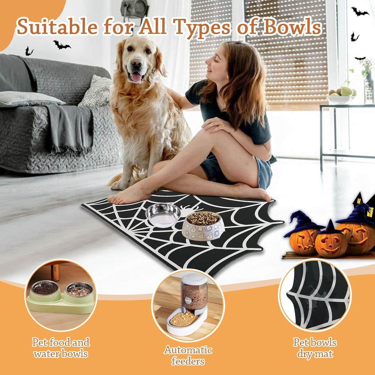 Halloween Spider Web Pet Mat for Food & Water Feeding