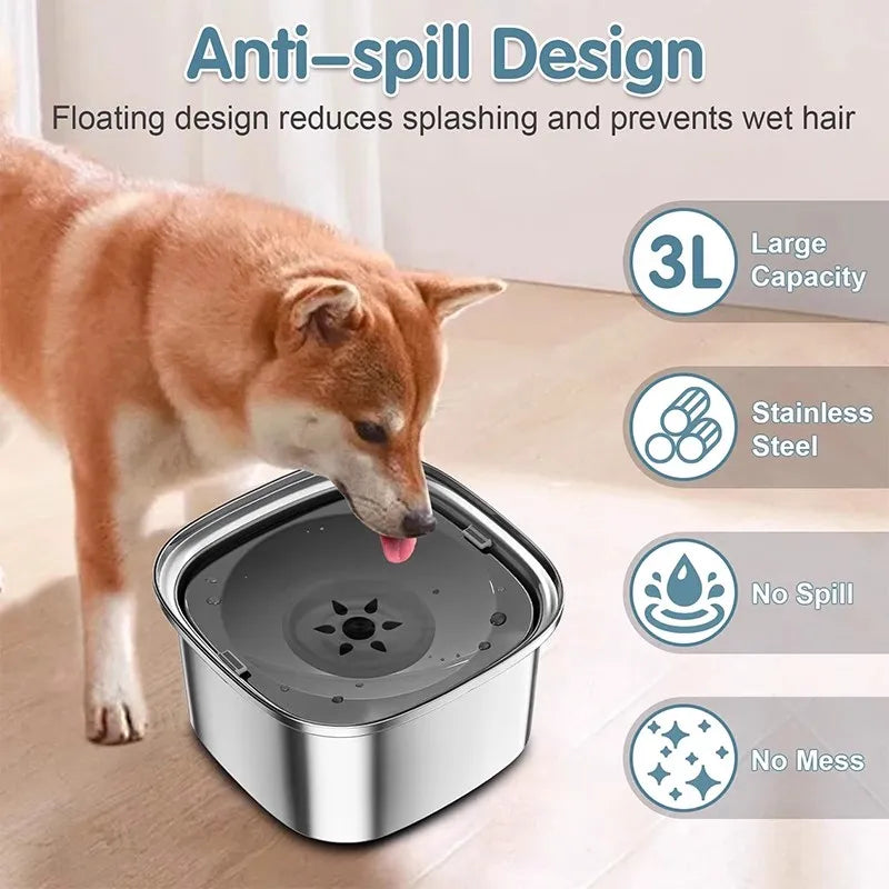 Stainless Steel Splash-Free Pet Water Bowl, Large Capacity 3L