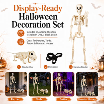 Halloween Outdoor Skeleton with Dog on a Leash (3FT)