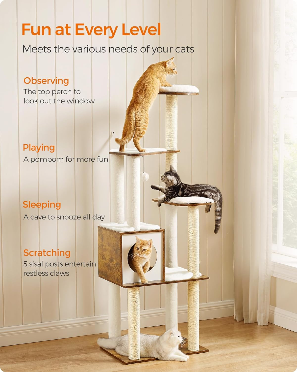 Multi-Level Sisal Cat Tree with Cave and Washable Cushions