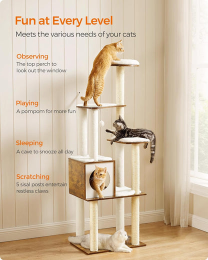 Multi-Level Sisal Cat Tree with Cave and Washable Cushions