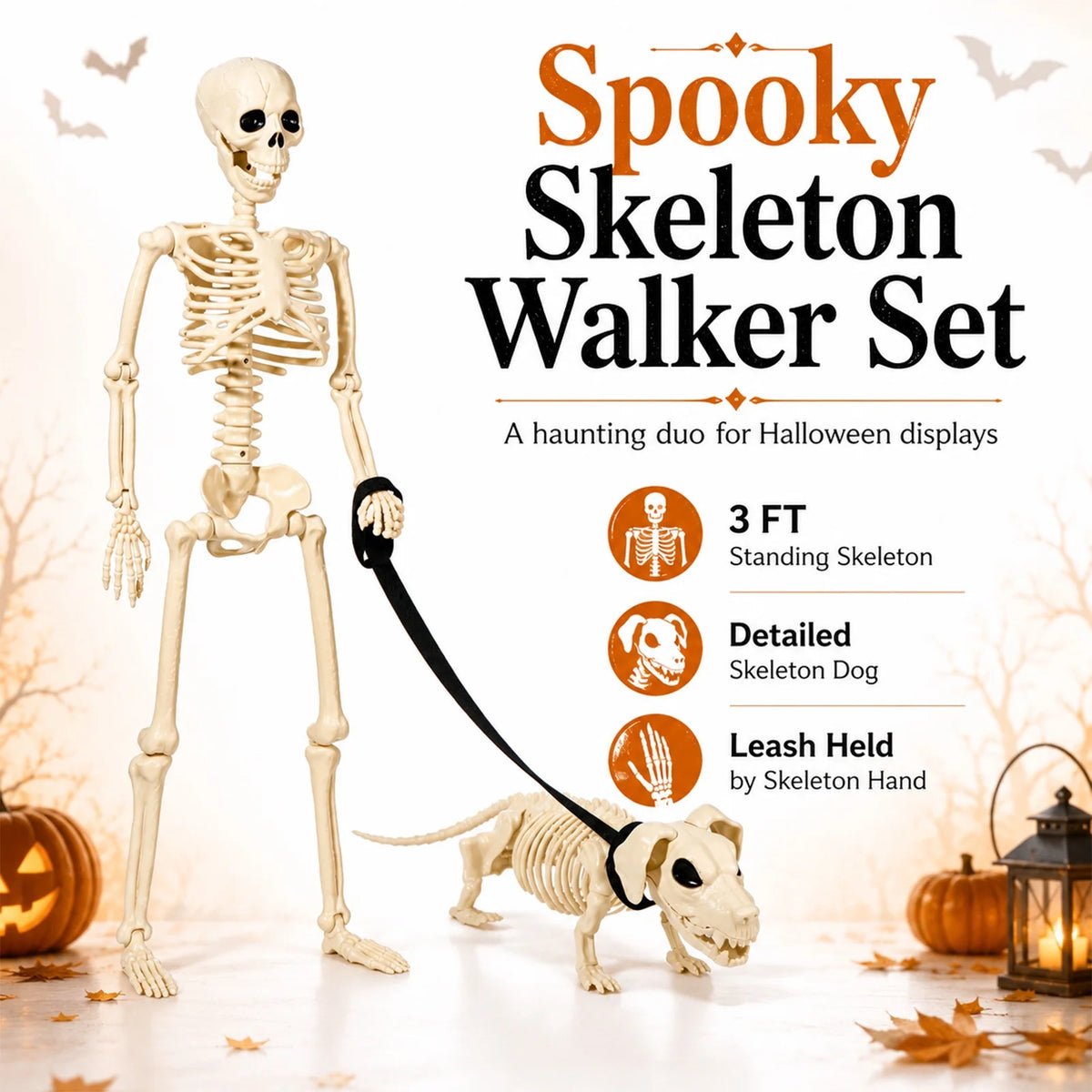 Halloween Outdoor Skeleton with Dog on a Leash (3FT)