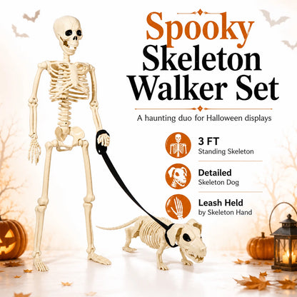 Halloween Outdoor Skeleton with Dog on a Leash (3FT)